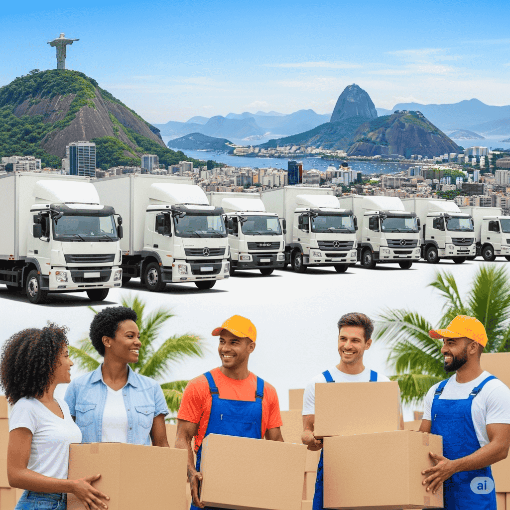 Mudança no Rio: Clientes felizes e equipe Frete Express Rio, transmitindo confiança e eficiência.